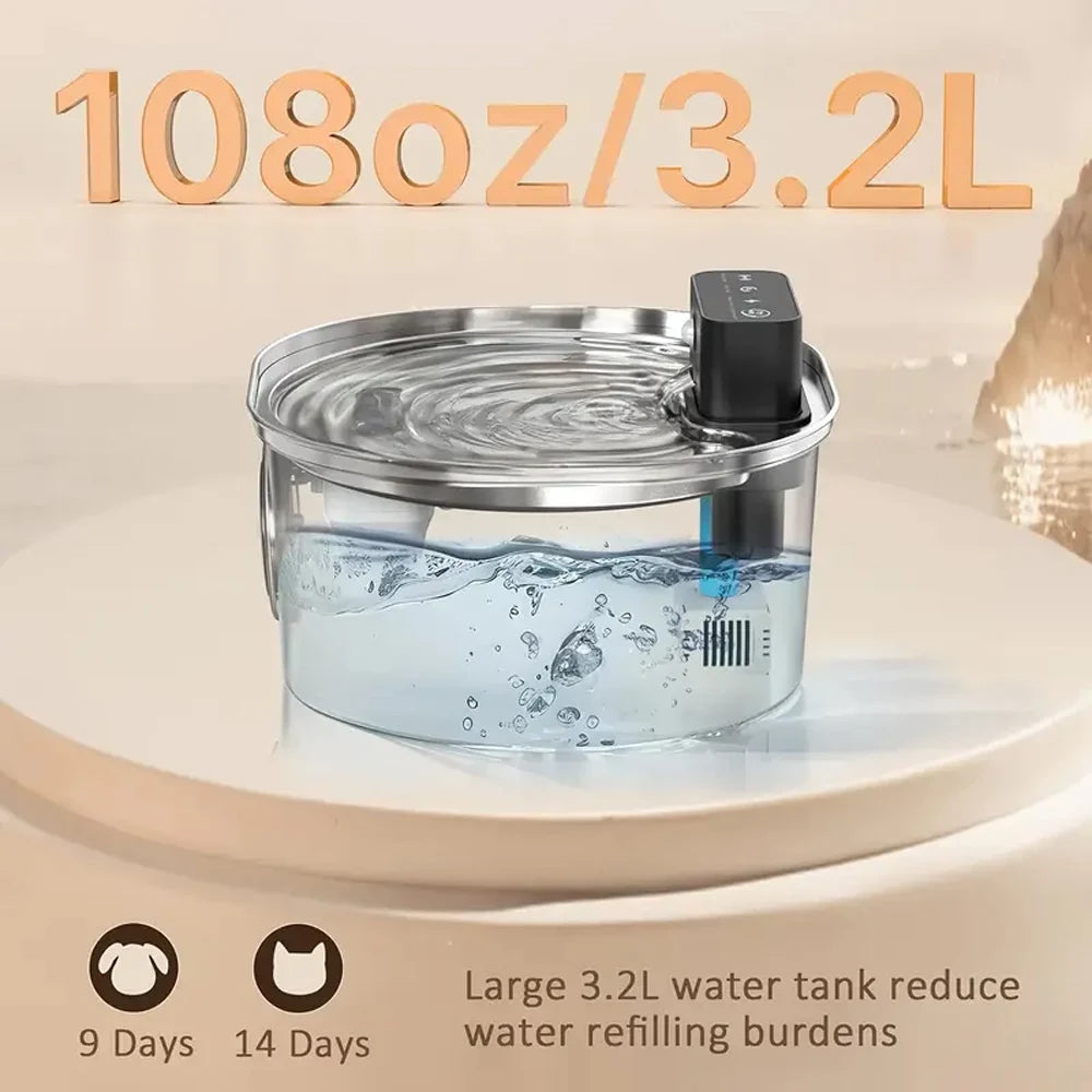 Fresh Water Wireless Cat Water Fountain T101 – 3.2L Stainless Steel, Ultra-Quiet & Rechargeable