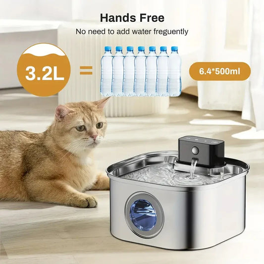 Fresh Water Wireless Cat Water Fountain T102 – 3.2L Stainless Steel, Ultra-Quiet & Rechargeable